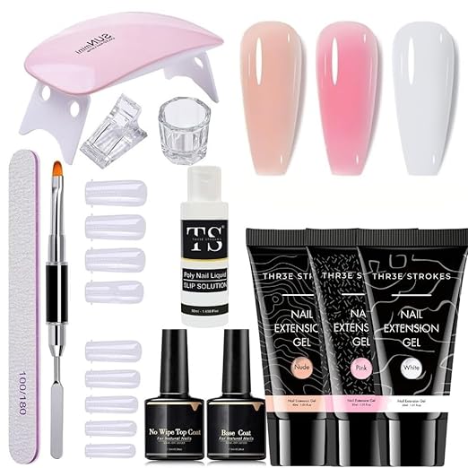 THR3E STROKES Poly Nail Gel Extension Kit - Nude, Pink, White (12 Items)