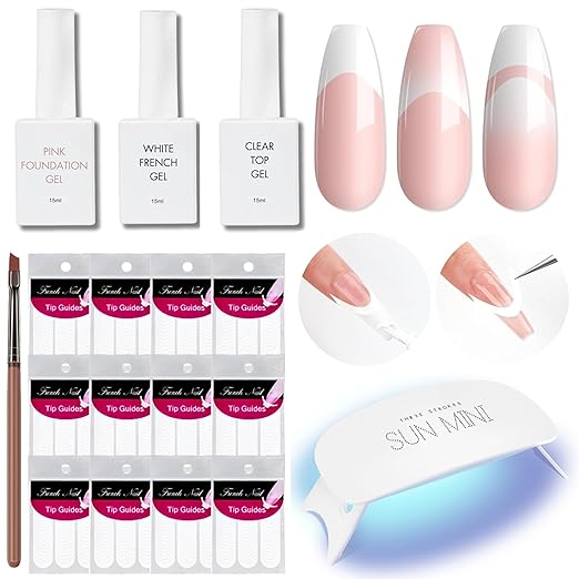 THR3E STROKES Complete French Manicure Kit: Tips, Tools, and Gel Lamp